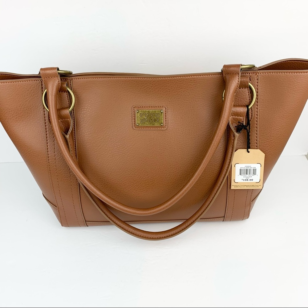 Frye & Co. Large Faux Leather Tote Bag Purse Shoulder Bag Cognac